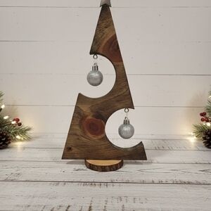 Dark Walnut Wood Christmas Tree | Rustic Silver Star 12" Table Decor